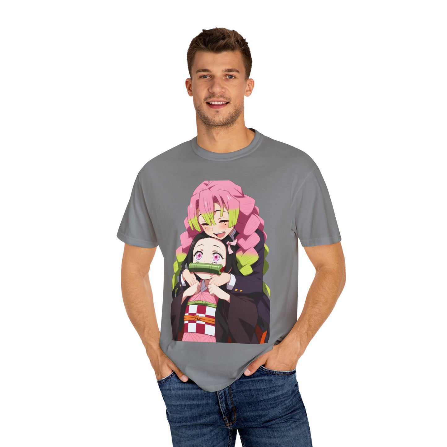 Anime Unisex Garment-Dyed T-shirt - Nezuko and Mitsuri Demon Slayer Love Design