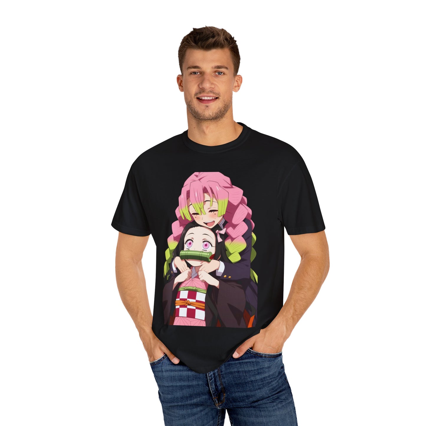 Anime Unisex Garment-Dyed T-shirt - Nezuko and Mitsuri Demon Slayer Love Design
