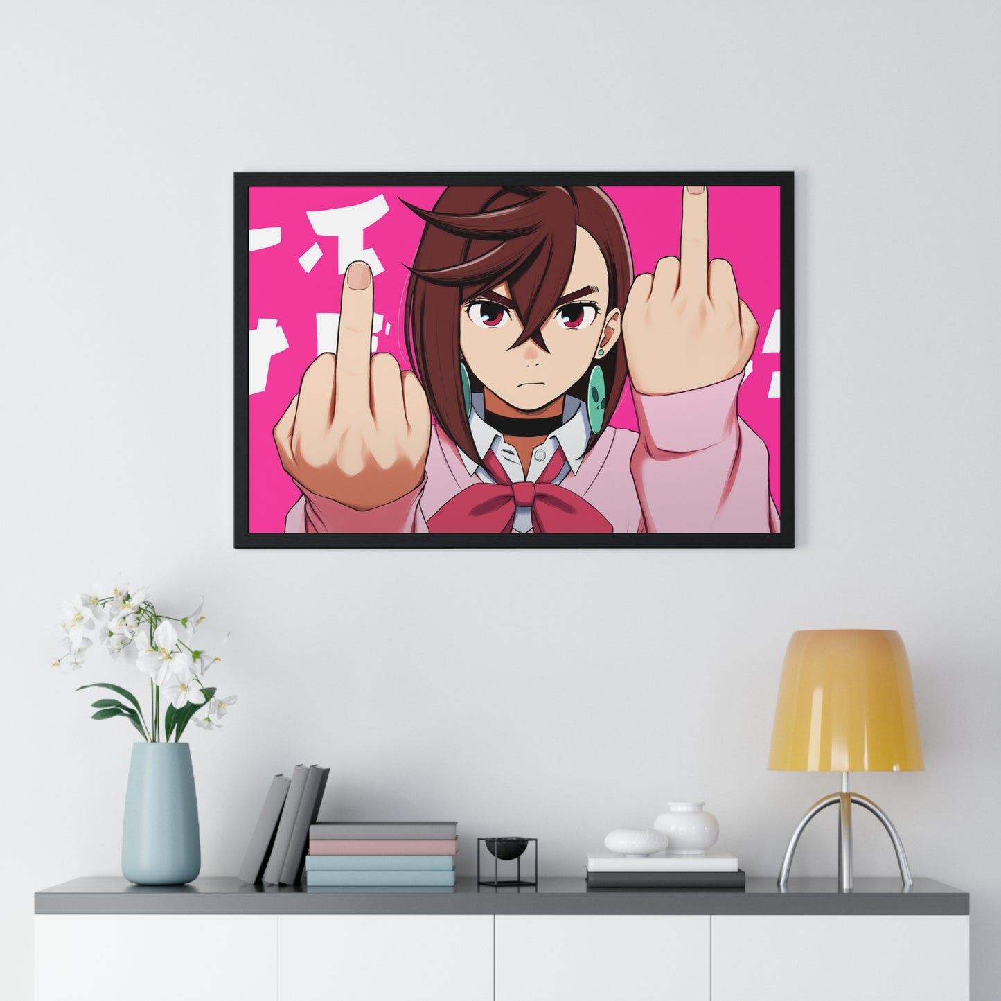 Anime Poster, Momo Ayase Middle Finger Dandadan Funny Minimalist Horizontal Framed Wall Art Print, Home Decor Gift