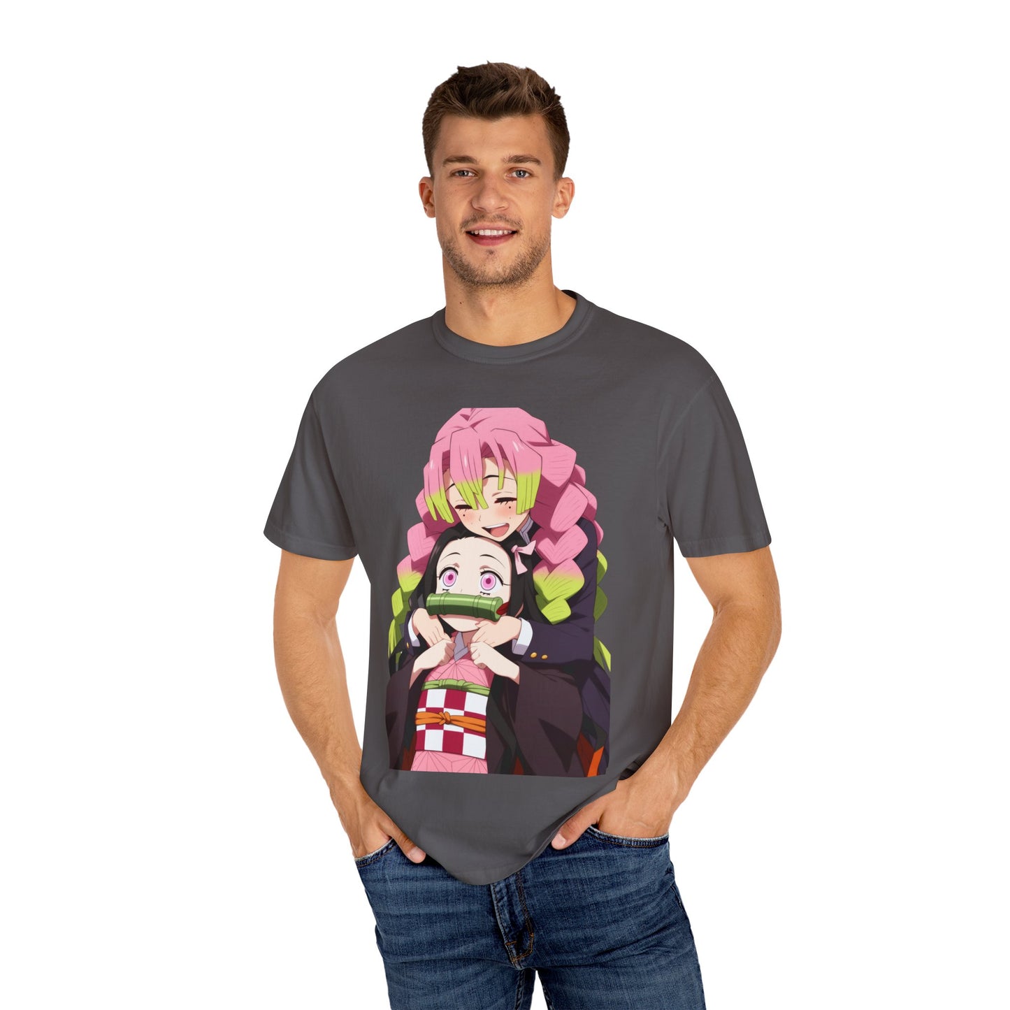 Anime Unisex Garment-Dyed T-shirt - Nezuko and Mitsuri Demon Slayer Love Design