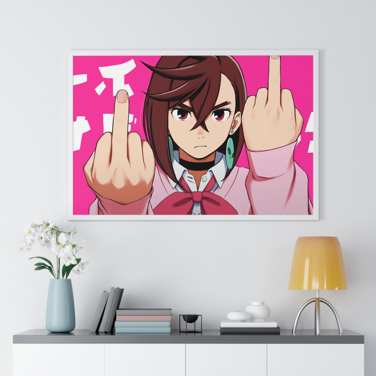 Anime Poster, Momo Ayase Middle Finger Dandadan Funny Minimalist Horizontal Framed Wall Art Print, Home Decor Gift