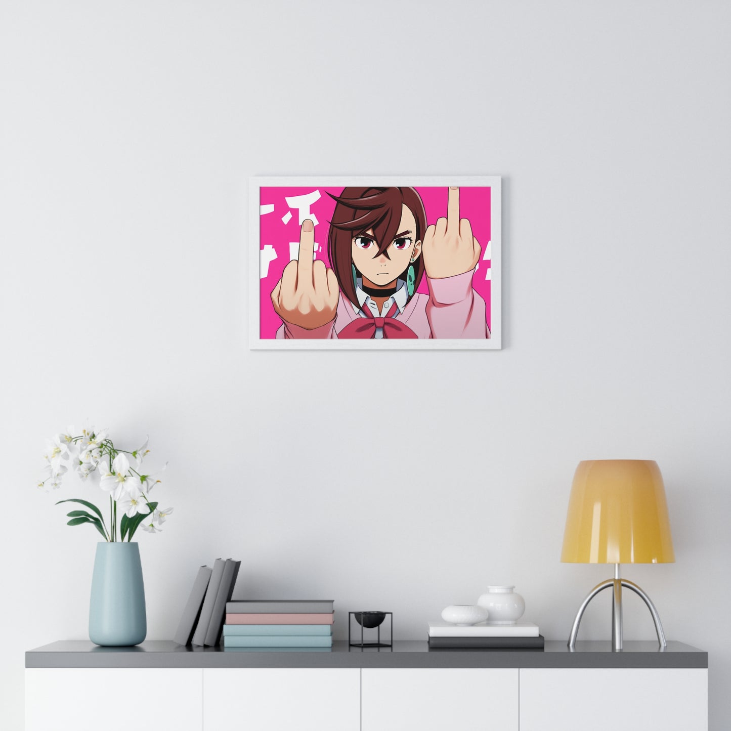 Anime Poster, Momo Ayase Middle Finger Dandadan Funny Minimalist Horizontal Framed Wall Art Print, Home Decor Gift