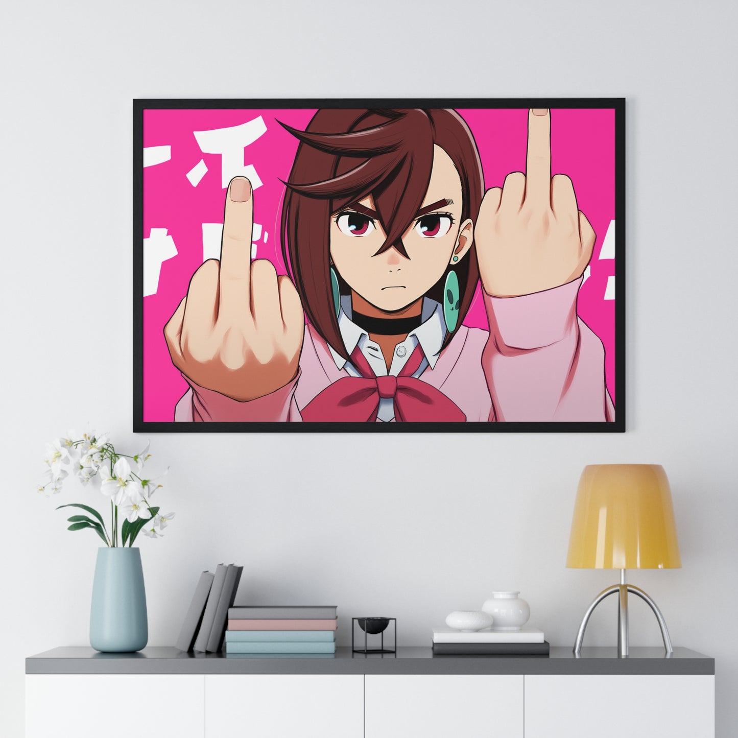 Anime Poster, Momo Ayase Middle Finger Dandadan Funny Minimalist Horizontal Framed Wall Art Print, Home Decor Gift