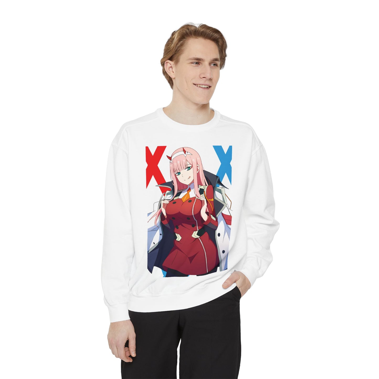 Anime Zero Two Cute Unisex Garment-Dyed Sweatshirt, Darling in the Franxx Sweatshirt, Kawaii Anime Sweatshirt, Pastel Anime Jumper, Anime