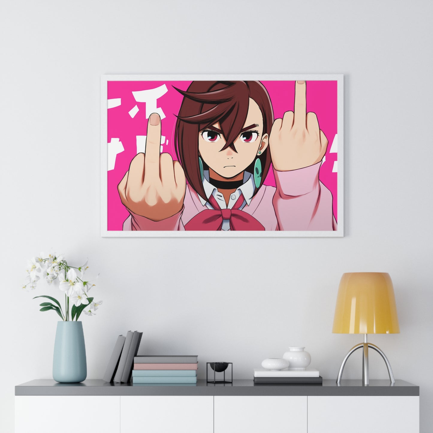 Anime Poster, Momo Ayase Middle Finger Dandadan Funny Minimalist Horizontal Framed Wall Art Print, Home Decor Gift